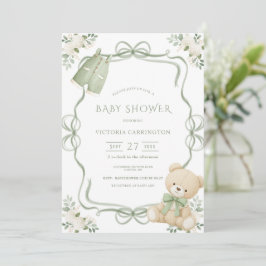 Invitación Whimsical Green Frame Vintage Bear