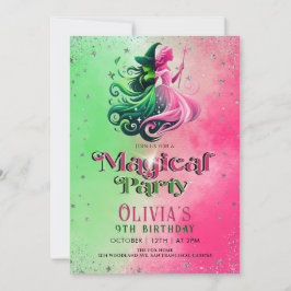 Invitación Whimsical Green & Pink Witch birthday