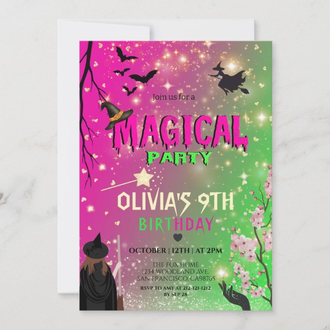 Invitación Whimsical Green & Pink Witch girl birthday (Anverso)
