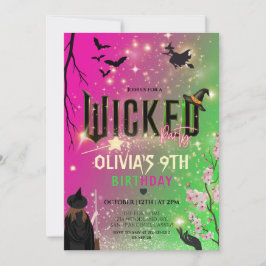 Invitación Whimsical Green & Pink Witch girl birthday Invitat