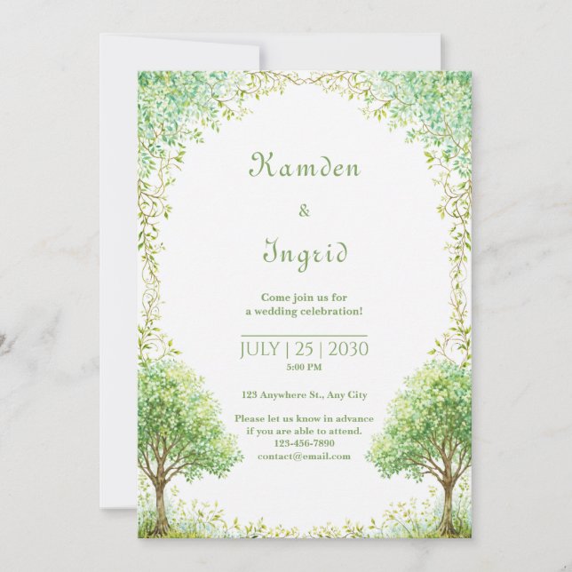 Invitación Whimsical Green Watercolor Tree Arch Wedding (Anverso)