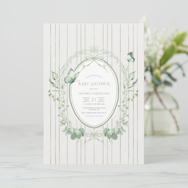 Invitación Whimsical Greenery Vintage Baby Shower (Anverso de pie)