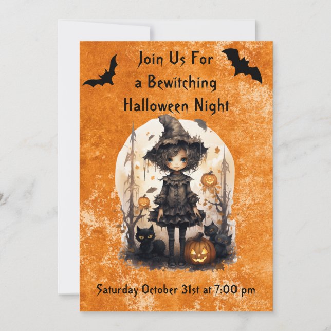 Invitación Whimsical Halloween Witch y sus amigos felinos (Anverso)