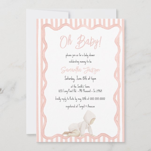Invitación Whimsical Hand Drawn Blush Pink Girl Baby Shower (Anverso)