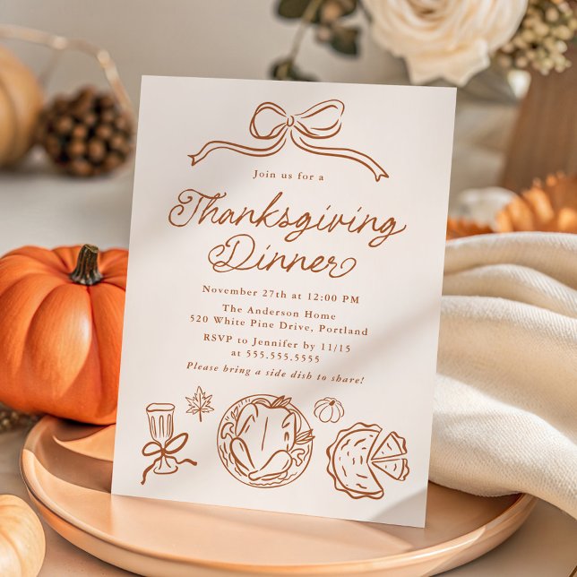 Invitación Whimsical Hand-Drawn Bow and Doodles Thanksgiving (Subido por el creador)