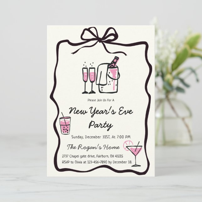 Invitación Whimsical Hand Drawn Bow Frame New Year Eve Party (Anverso de pie)