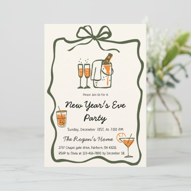 Invitación Whimsical Hand Drawn Bow Frame New Year Eve Party (Anverso de pie)