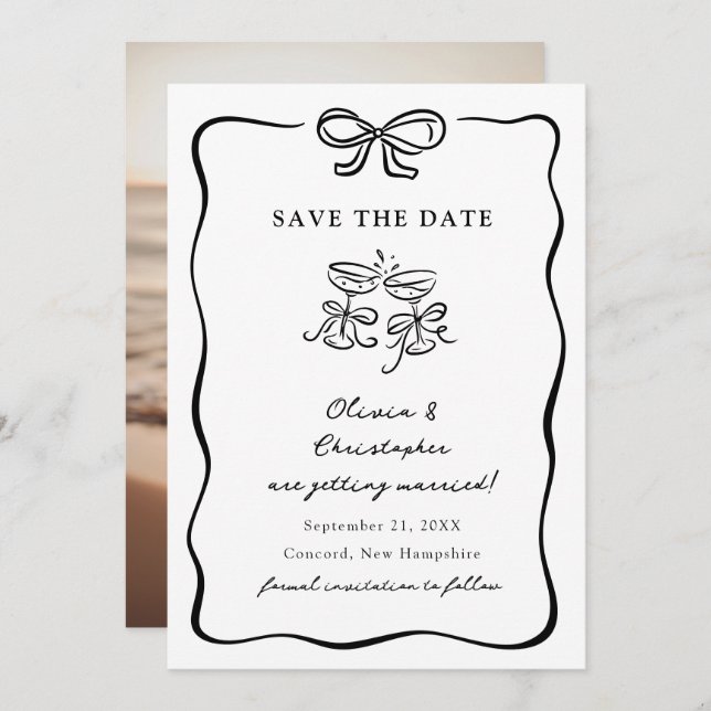 Invitación Whimsical Hand Drawn Bow Frame Save the Date (Anverso / Reverso)