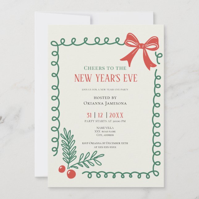 Invitación Whimsical Hand Drawn Champagne New Years Eve Party (Anverso)