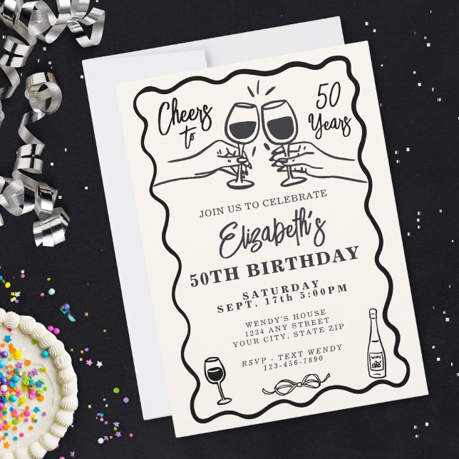 Invitación Whimsical Hand Drawn Cheers to 50 Years Birthday  (Subido por el creador)