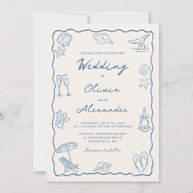 Invitación Whimsical Hand Drawn Coastal Beach Wedding (Anverso)