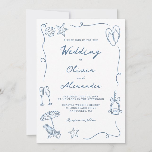 Invitación Whimsical Hand Drawn Coastal Blue Beach Wedding (Anverso)