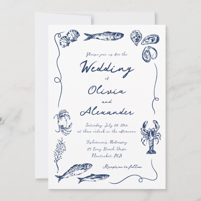 Invitación Whimsical Hand Drawn Coastal Navy Blue Wedding (Anverso)