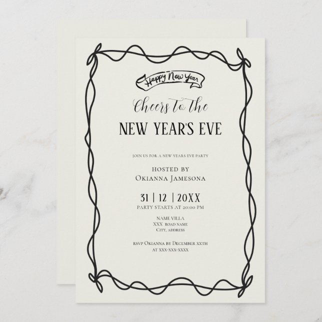 Invitación Whimsical Hand Drawn Coquette New Years Eve Party (Anverso / Reverso)