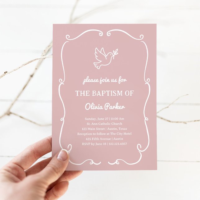 Invitación Whimsical Hand-Drawn Dove Pink | Baptism (Subido por el creador)