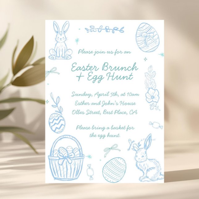Invitación Whimsical Hand drawn Easter Brunch & Egg Hunt (hand drawn easter, minimalist easter invitation, kids easter party, family easter brunch, spring par)