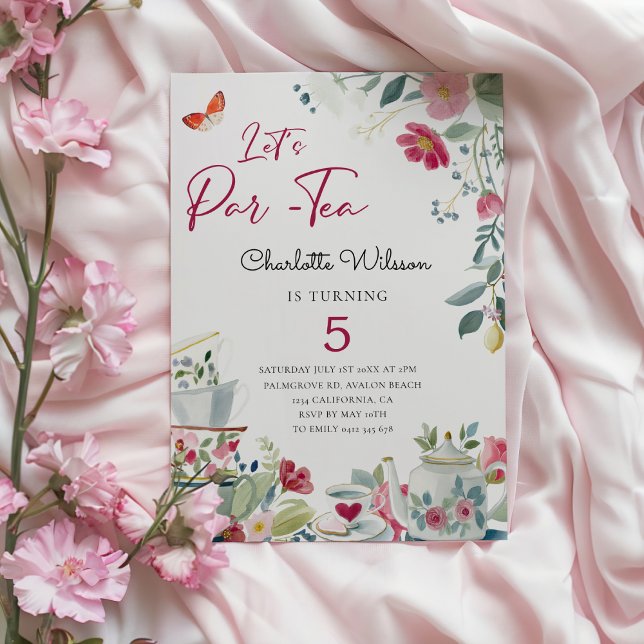 Invitación Whimsical hand-drawn floral Tea Party Birthday (Whimsical hand-drawn tea Party Birthday Invitationin charming Dolce Vita style )
