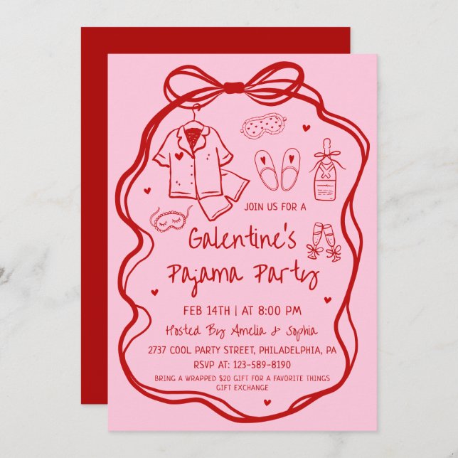 Invitación Whimsical Hand Drawn Galentine's Pajama Party  (Anverso / Reverso)