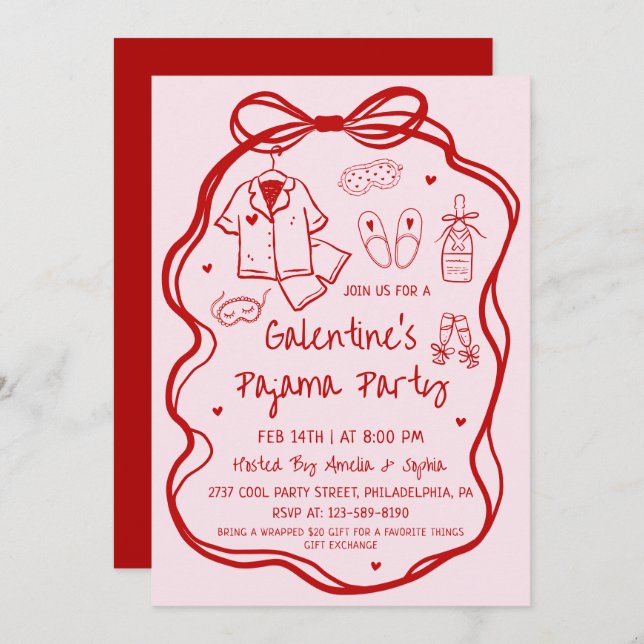 Invitación Whimsical Hand Drawn Galentine's Pajama Party  (Anverso / Reverso)