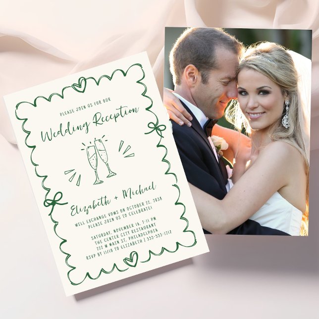Invitación Whimsical Hand Drawn Green Photo Wedding Reception (Whimsical Hand Drawn Green Photo Wedding Reception Invitation)