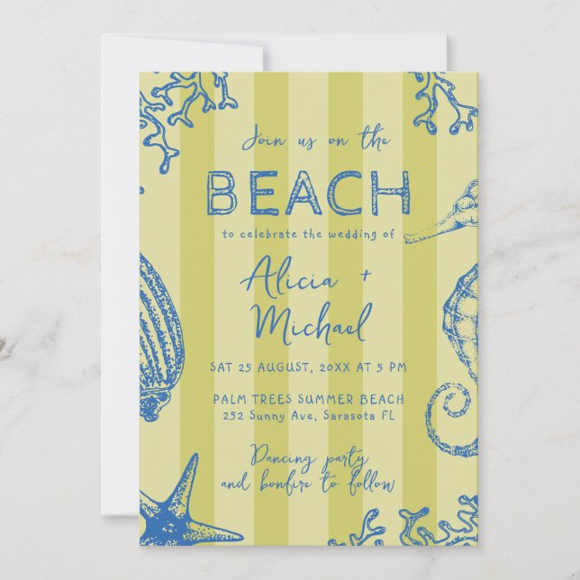 Invitación Whimsical hand drawn nautical coastal wedding  (Anverso)