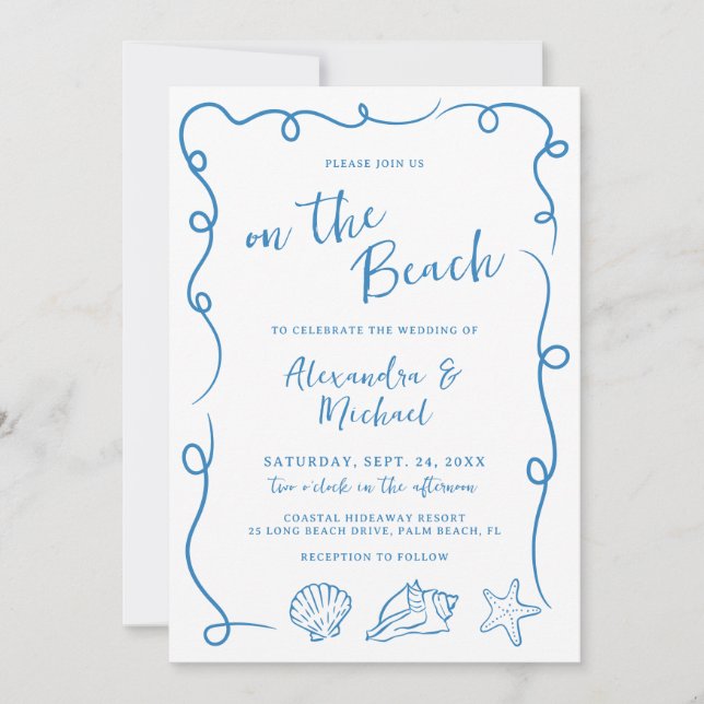 Invitación Whimsical Hand Drawn On the Beach Wedding (Anverso)