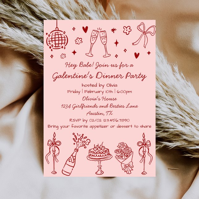 Invitación Whimsical Hand Drawn Pink Red Galentines Day Party (Subido por el creador)