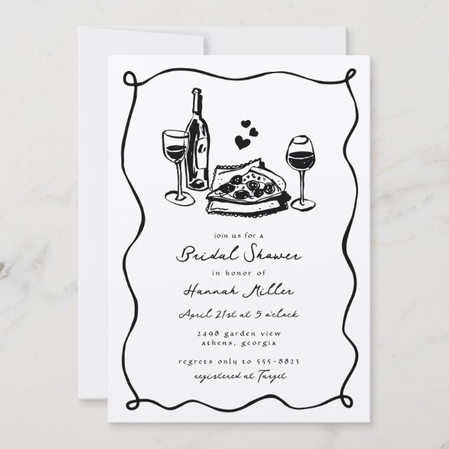 Invitación Whimsical Hand Drawn Pizza Wine Bridal Shower (Anverso)