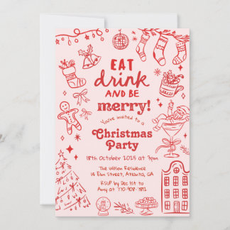 Invitación Whimsical Hand Drawn Red and Pink Christmas Party