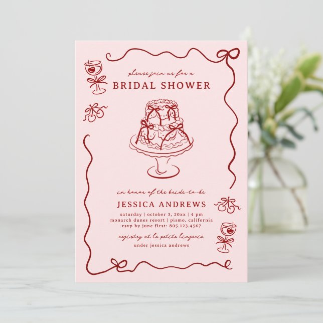 Invitación Whimsical Hand Drawn Red Cherries & Bows (Anverso de pie)