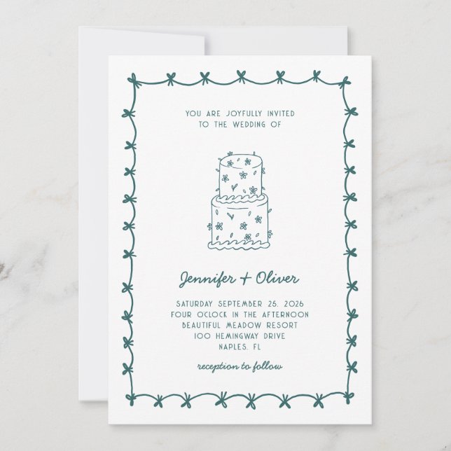 Invitación Whimsical Hand Drawn Wedding Cake Teal (Anverso)