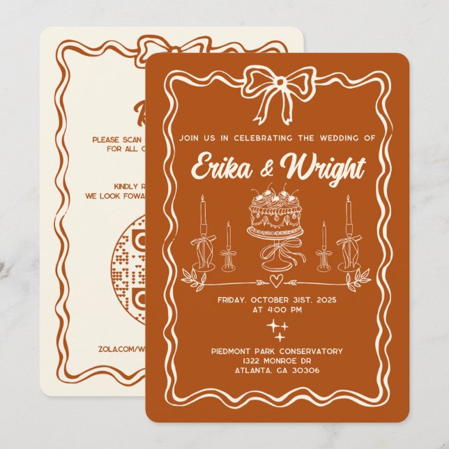 Invitación Whimsical Hand Drawn Wedding Invitation Cute Bows (Anverso / Reverso)