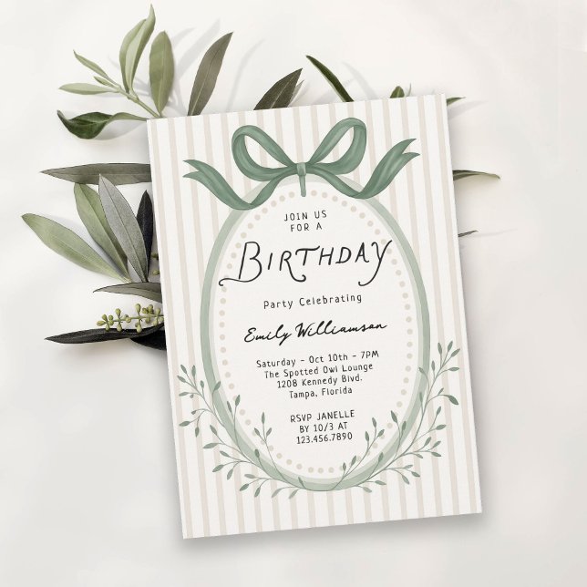 Invitación Whimsical Handdrawn Stripes Bow Frame Birthday (Available in both printed and instant download digital formats.)