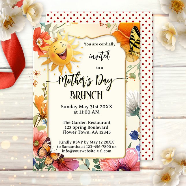 Invitación Whimsical Happy Mother's Day Brunch (Mother's Day brunch or lunch invitation featuring a laughing sun on a watercolor wildflower design)