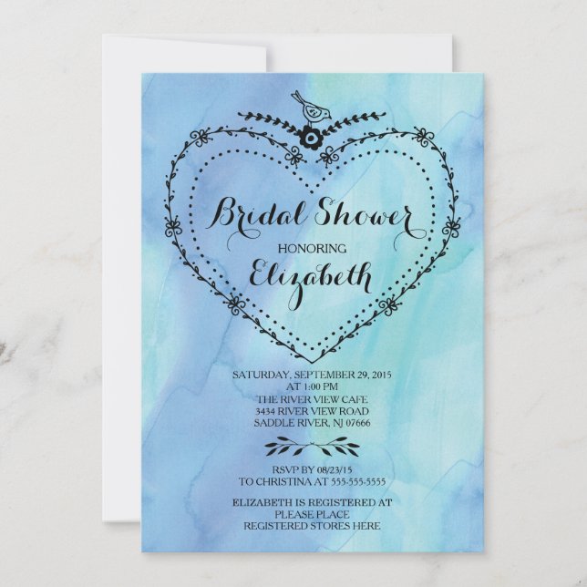 Invitación Whimsical Heart Blue Watercolor Bridal Shower (Anverso)