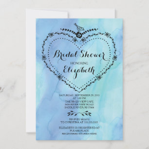 Invitación Whimsical Heart Blue Watercolor Bridal Shower