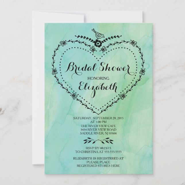 Invitación Whimsical Heart Green Watercolor Bridal Shower (Anverso)