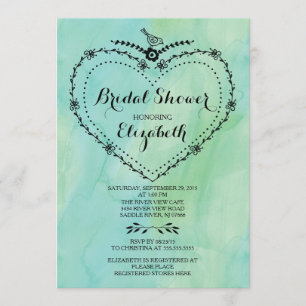 Invitación Whimsical Heart Green Watercolor Bridal Shower