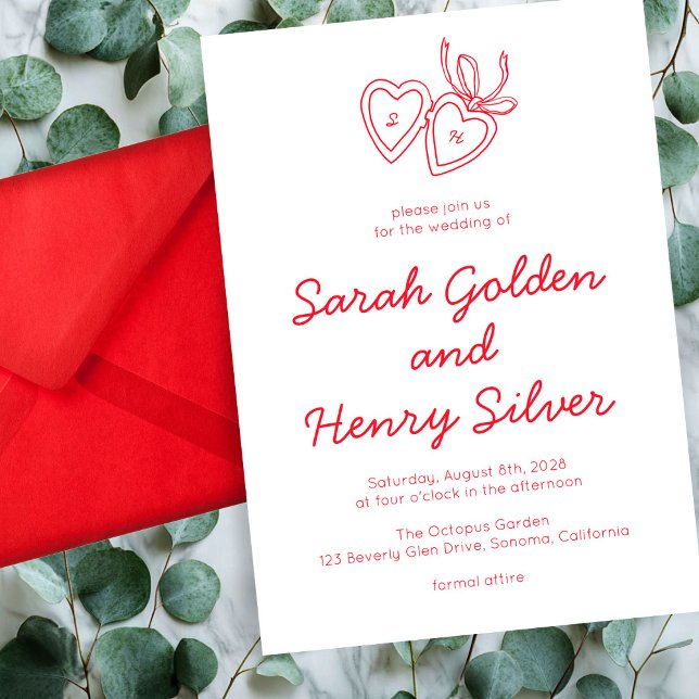 Invitación Whimsical Heart Locket Doodle Sketch PERSONALIZADO (Whimsical Heart Locket Doodle Sketch Modern CUSTOM Invitation Red White)