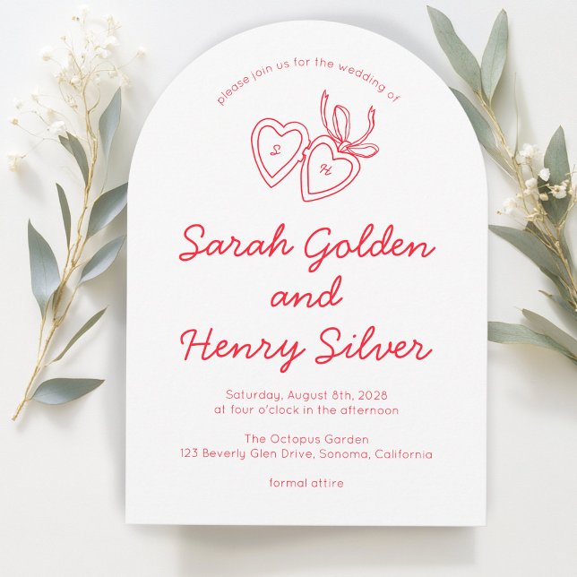 Invitación Whimsical Heart Locket Doodle Sketch PERSONALIZADO (Whimsical Heart Locket Doodle Sketch Modern CUSTOM Invitation
red White)