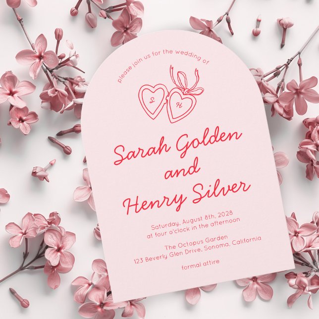 Invitación Whimsical Heart Locket Doodle Sketch PERSONALIZADO (Whimsical Heart Locket Doodle Sketch Modern CUSTOM Pink red Invitation
)