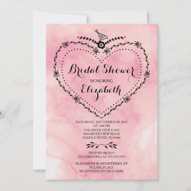 Invitación Whimsical Heart Pink Watercolour Bridal Shower (Anverso)