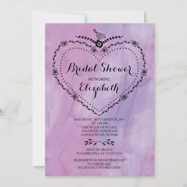 Invitación Whimsical Heart Purple Watercolor Bridal Shower (Anverso)