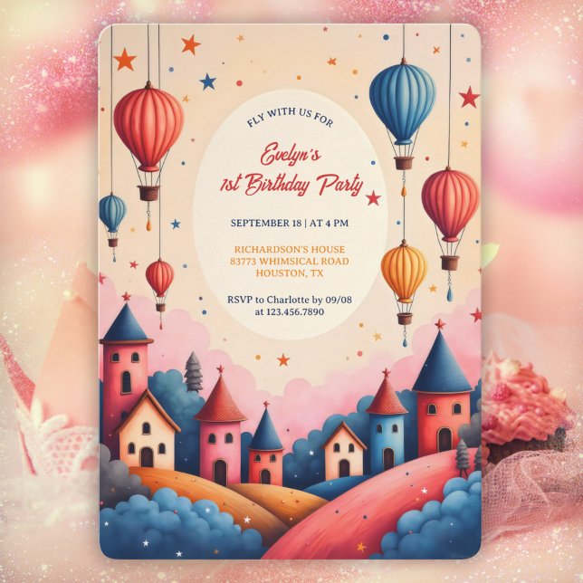 Invitación Whimsical Hot Air Balloon 1 Fiesta de cumpleaños (Whimsical Hot Air Balloon 1st Birthday Party Invitation  Personalized Girl’s Party Invite)
