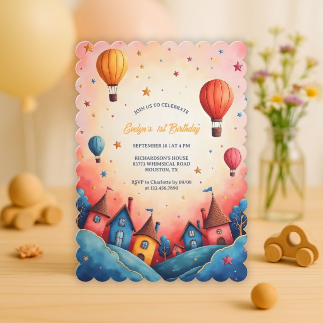 Invitación Whimsical Hot Air Balloon 1er cumpleaños (Whimsical Hot Air Balloon 1st Birthday Invitation)