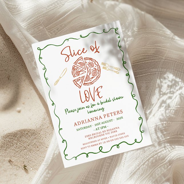 Invitación Whimsical Ilustracion Slice Of Love Bridal Shower (Slice Of Love Bridal Shower Invitation Whimsical Hand Drawn Illustration, Pizza Cutlery Red Green)
