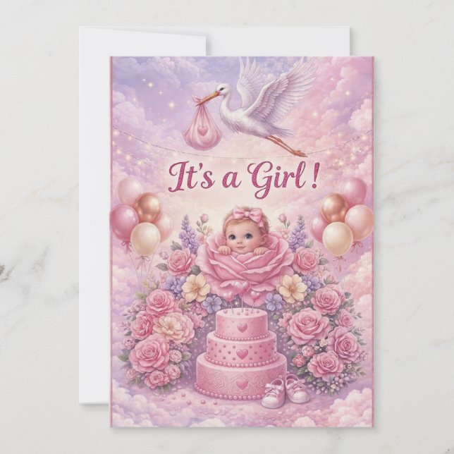 Invitación Whimsical It's a Girl Stork Baby Shower  (Anverso)
