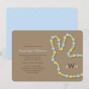 Invitación Whimsical Jigsaw Blue Bunny Rabbit Boy Baby Shower