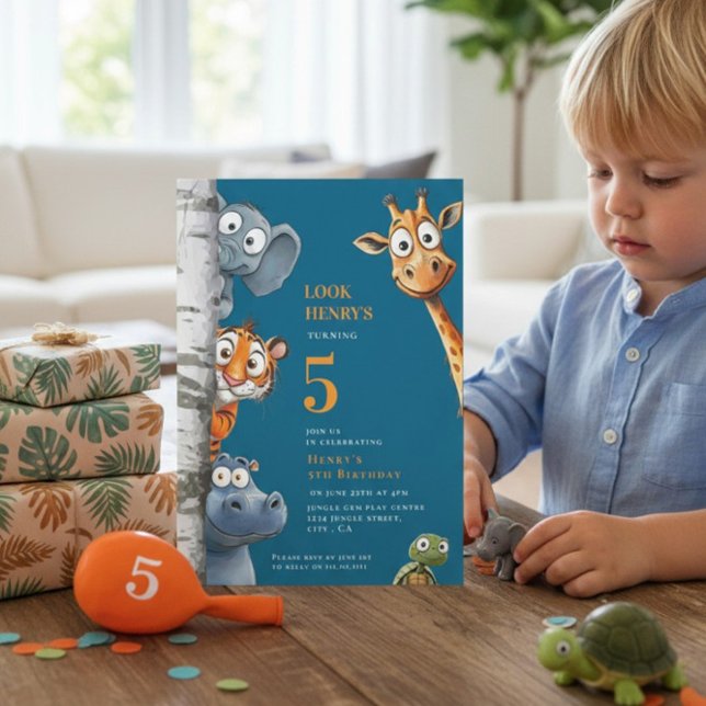 Invitación Whimsical Jungle Animals Blue Birthday Invitation (Subido por el creador)