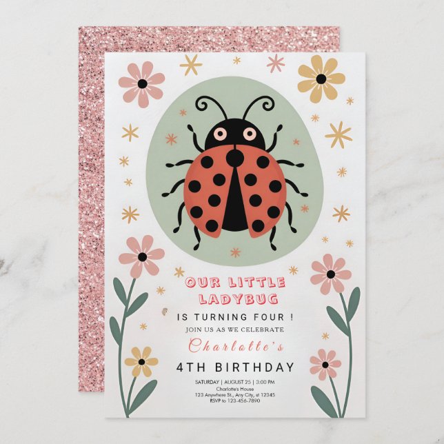 Invitación Whimsical Ladybug Birthday (Anverso / Reverso)
